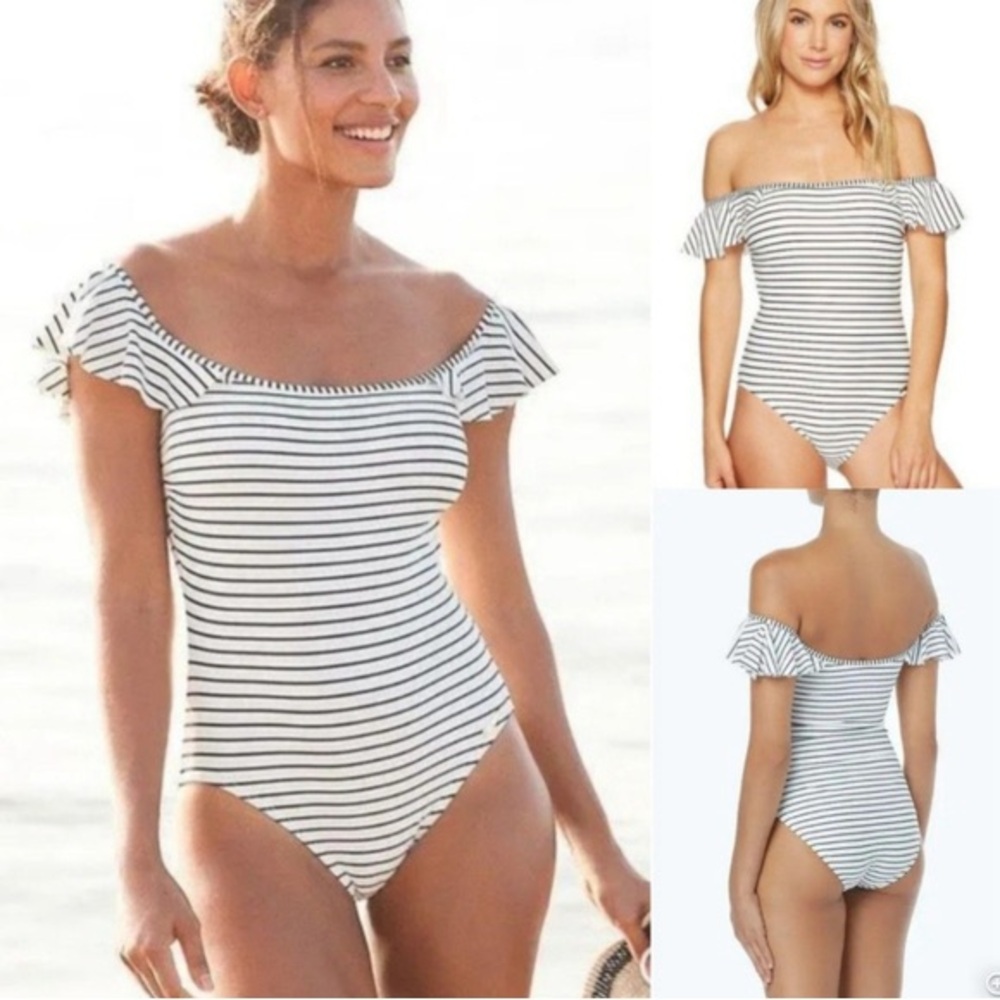 VINCE CAMUTO Ruffle Sleeves Black & White Zebra Stripe One Piece Swimsuit - Picture 3 of 11